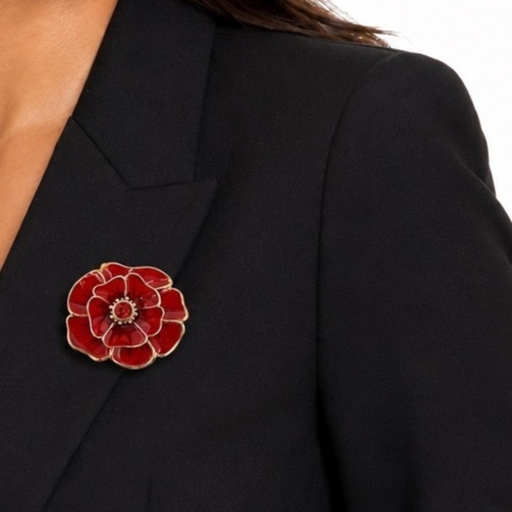 Liz Claiborne Vintage Red‎ Enamel Flower Brooch Gold Tone Rhinestone Floral J-01